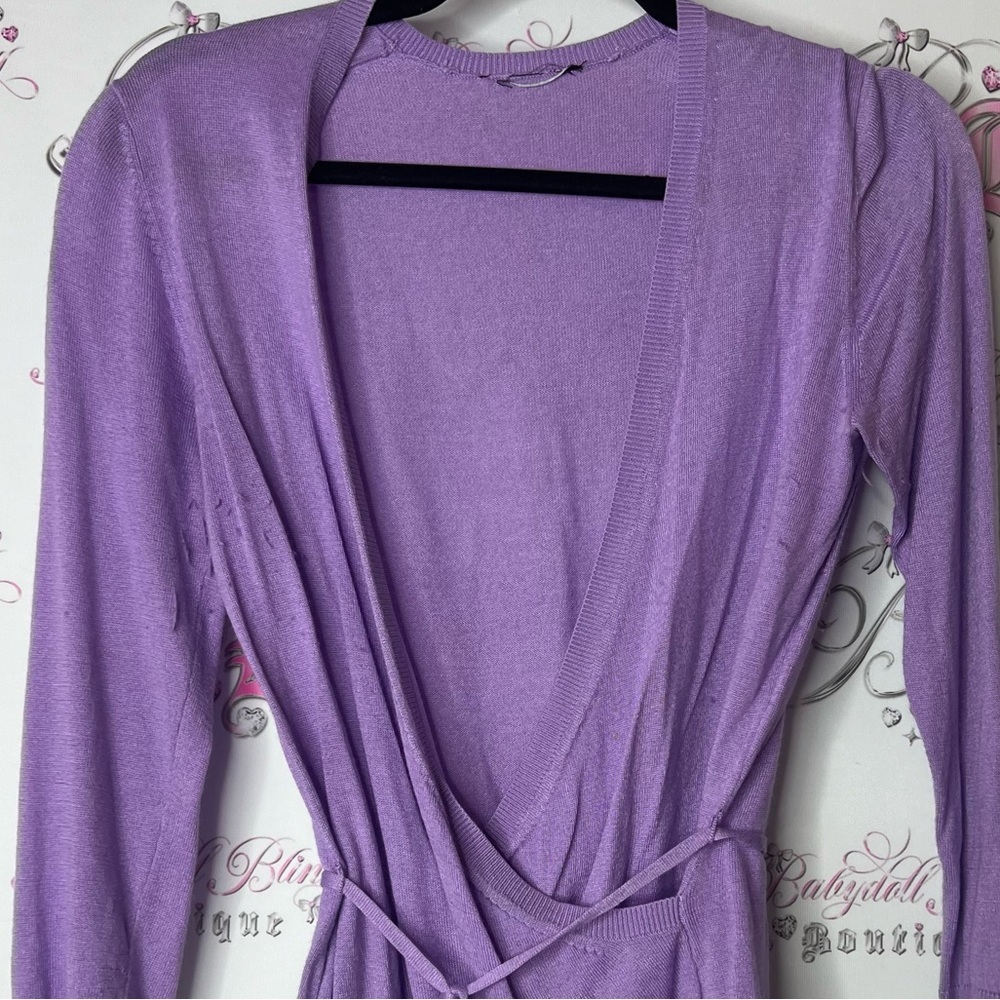 Le chΓ’teau Lavender Wrap shirt sweater rabbit hair angora fabric tie up belted - Picture 4 of 5